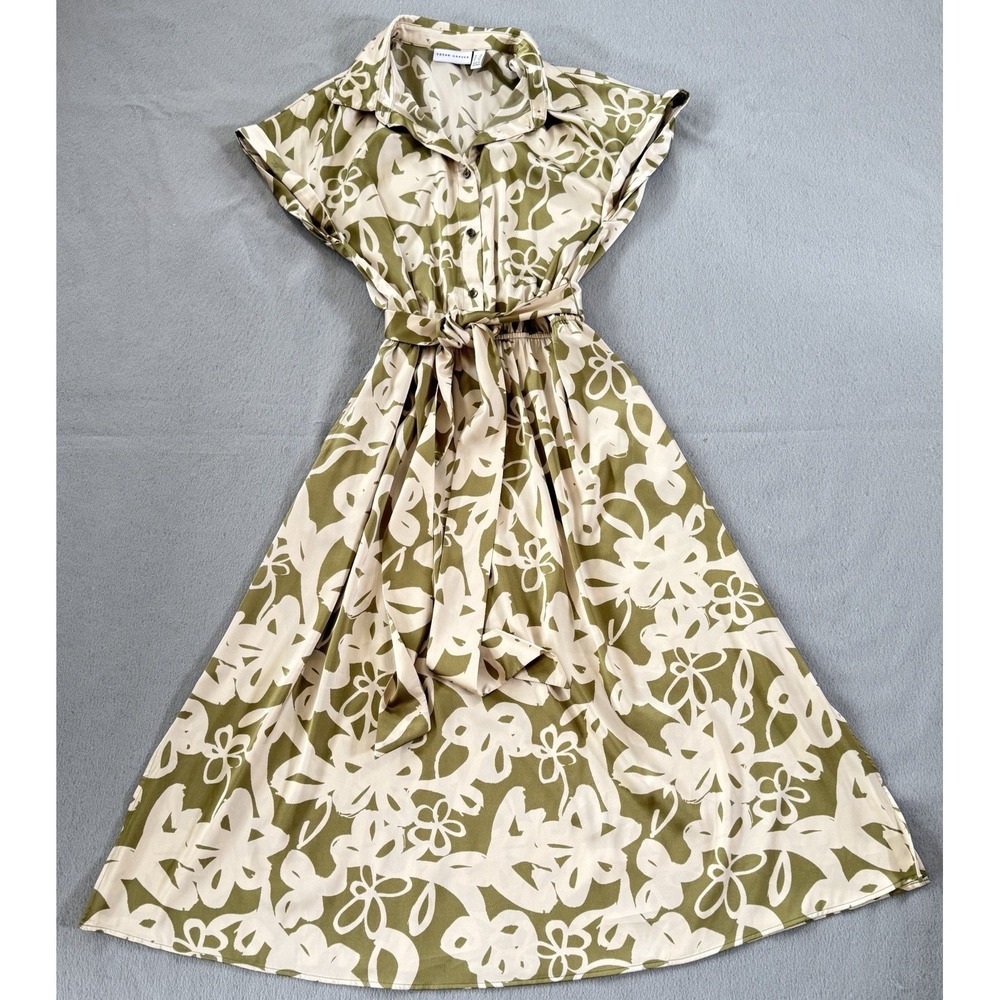 Susan Graver Women's Dress Sz S Reg Printed Charmeuse Midi Belted Green A654273